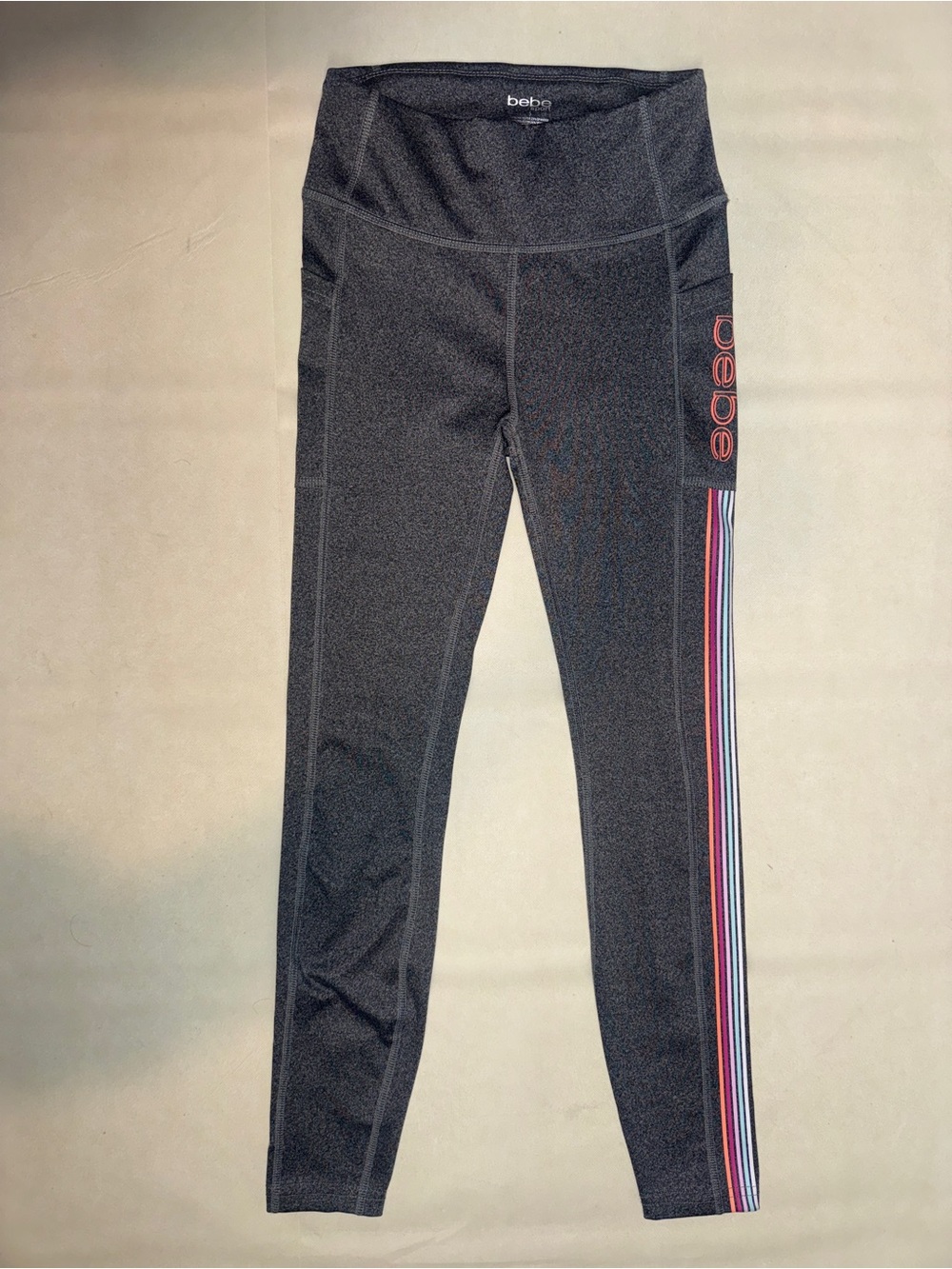 bebe Black Leggings with Pink and Blue Side Stripes
